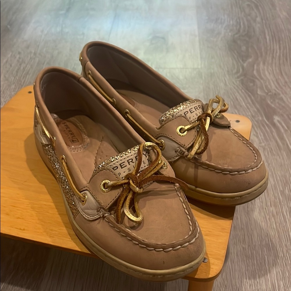 Sperry Tan Boat Shoes with Gold Details
